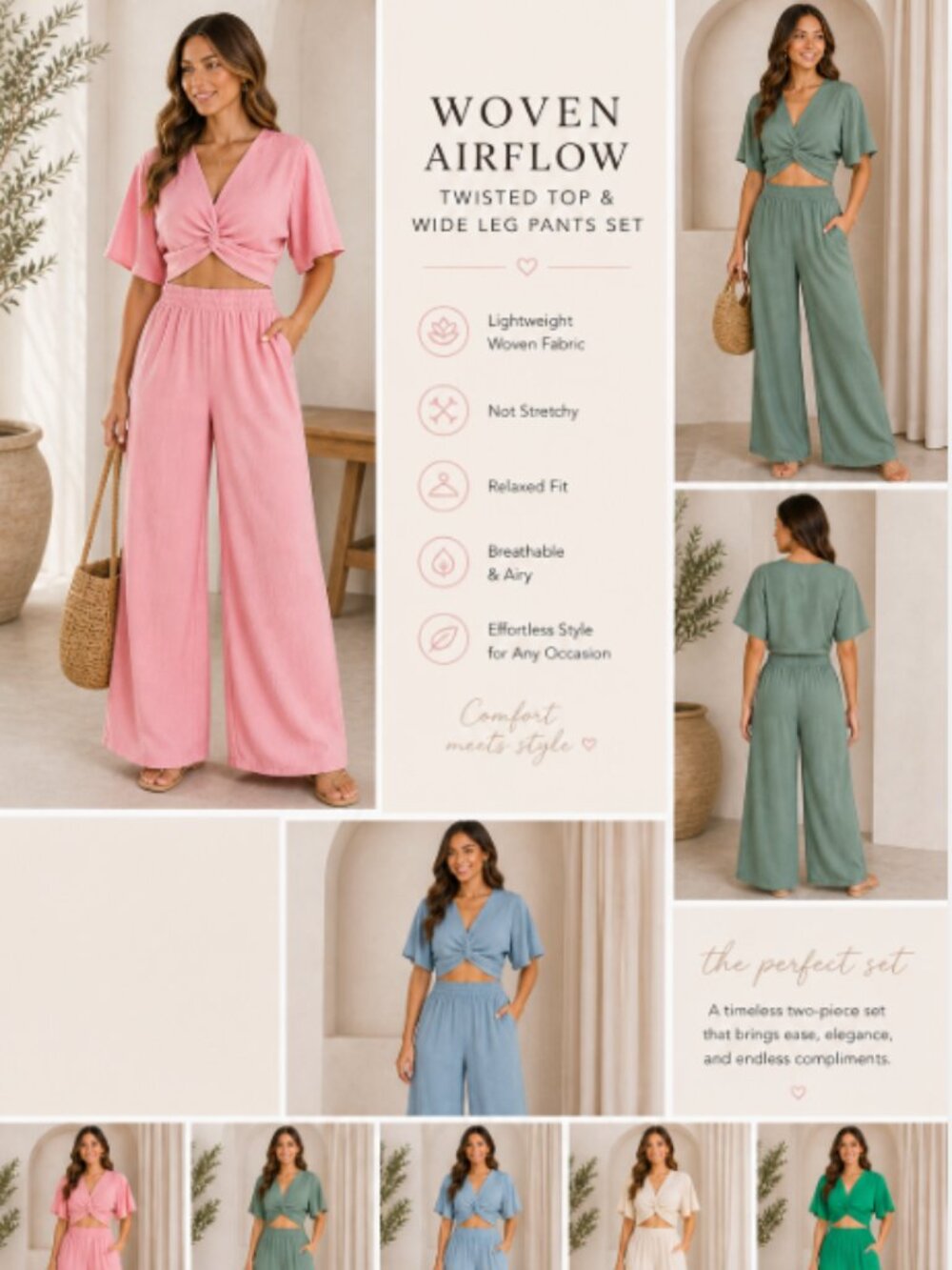 Zenana Twist Top Wide Leg Pant Set Kelly Green